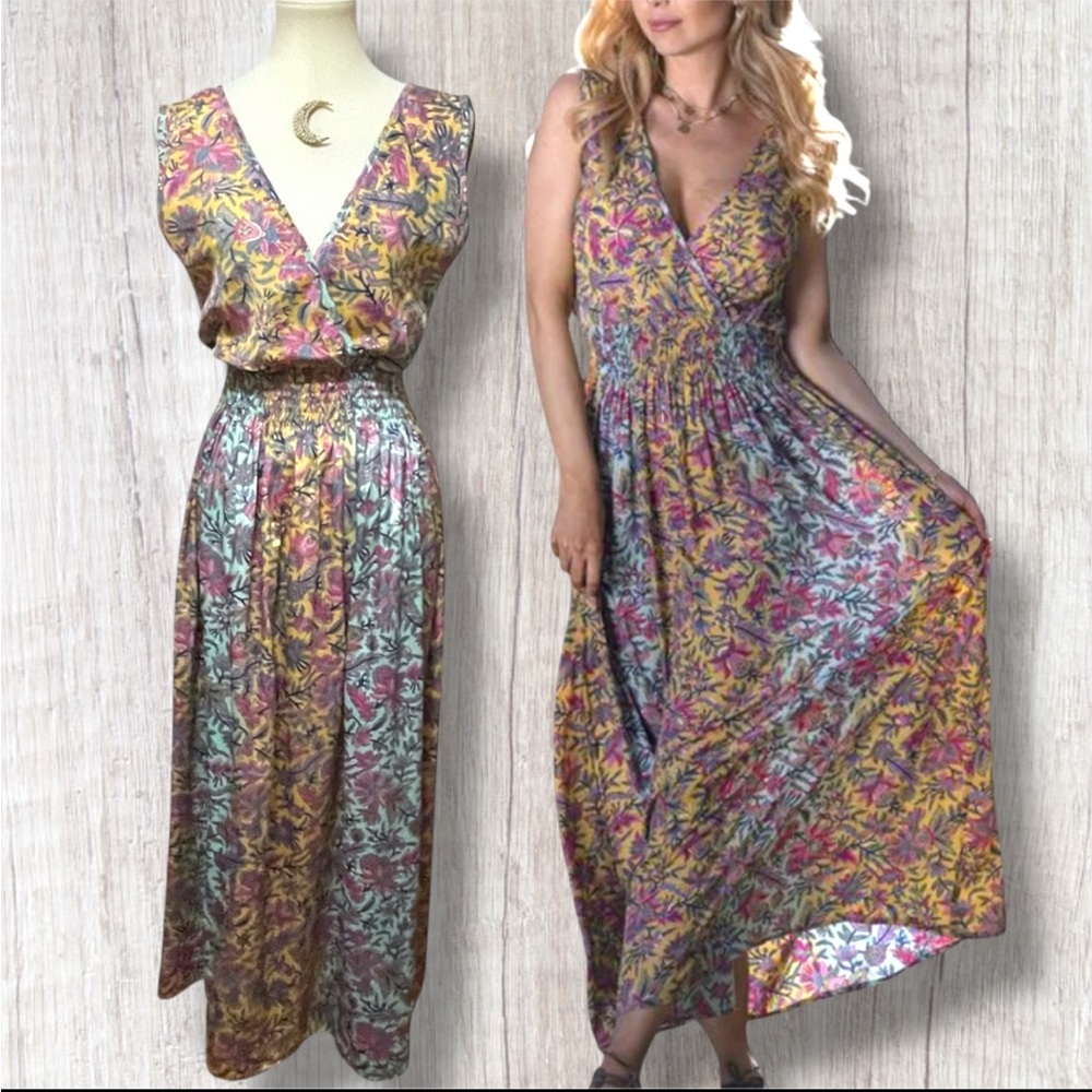 Cienna Silk Blend Floral Metallic Details Caitlyn V-Neckline Maxi Dress SM EUC